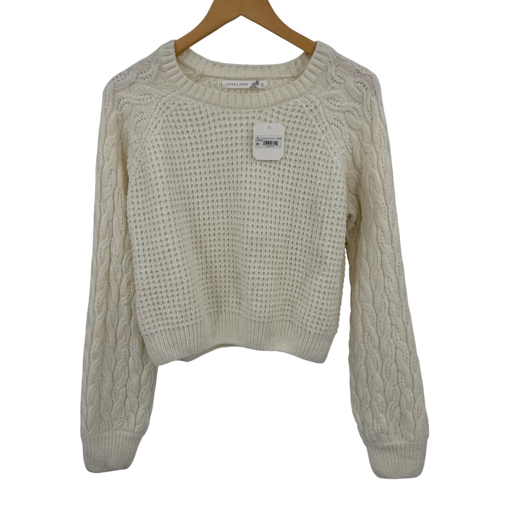 Altar'd State Chenille Sweater Women L White Cable Knit Cropped Marshmallow Cozy